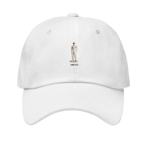 Areté Corpus White — gorra dad hat blanca premium con bordado clásico, vista frontal