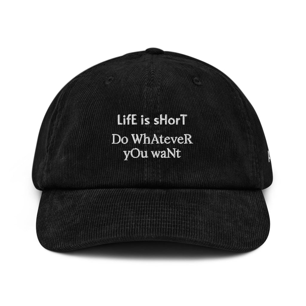 Areté Life is Short gorra pana negra — mensaje bordado Drop 01
