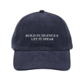 Areté Build in Silence gorra pana Navy — mensaje bordado Drop 01