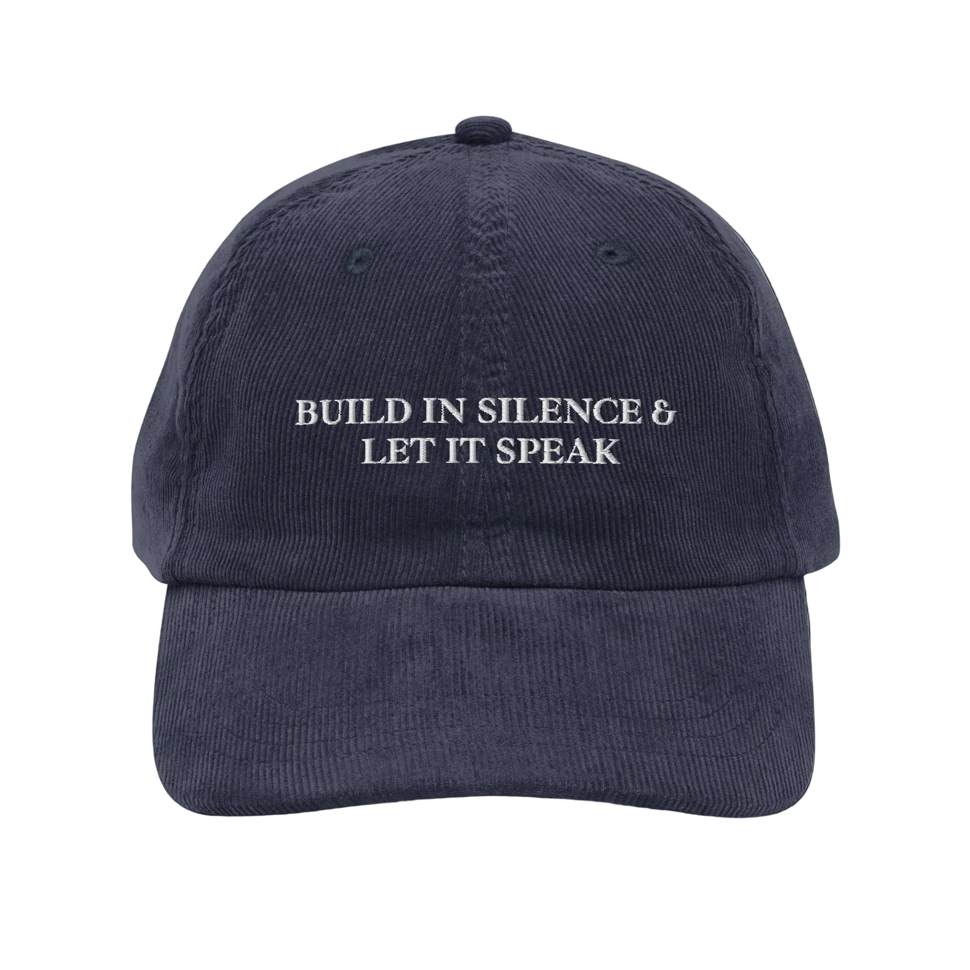 Areté Build in Silence gorra pana Navy — mensaje bordado Drop 01