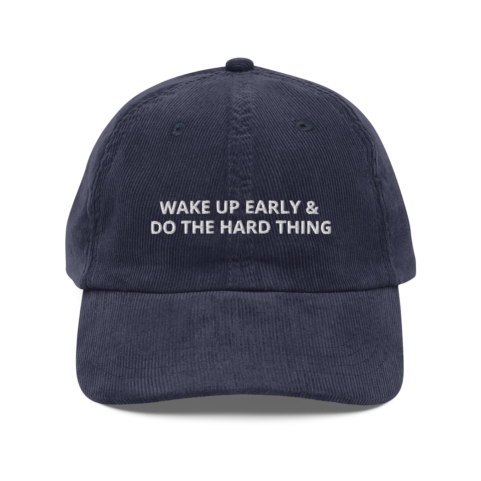Areté Wake Up gorra pana Navy — mensaje bordado Drop 01
